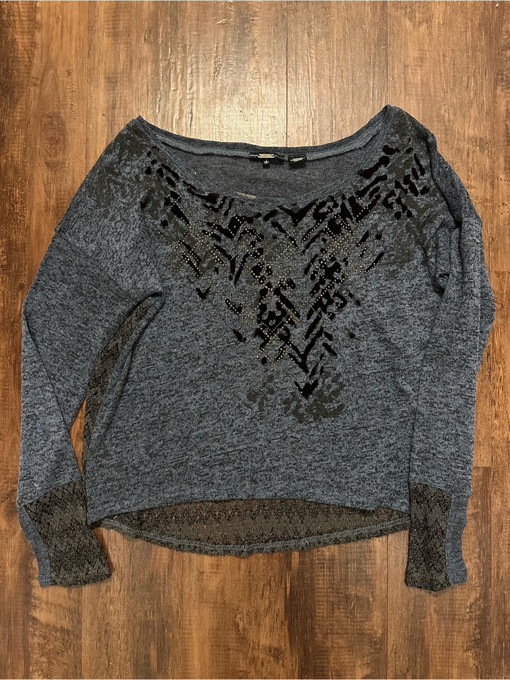 NWT Miss Me Women's Slate Blue Embellished Scoop Neck Sweater